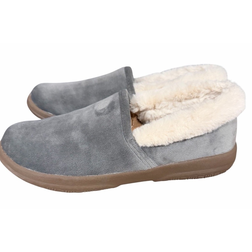 Vionic Slippers Women's Size 6 Gray Velour Faux Fur Lined Orthotic Comfort